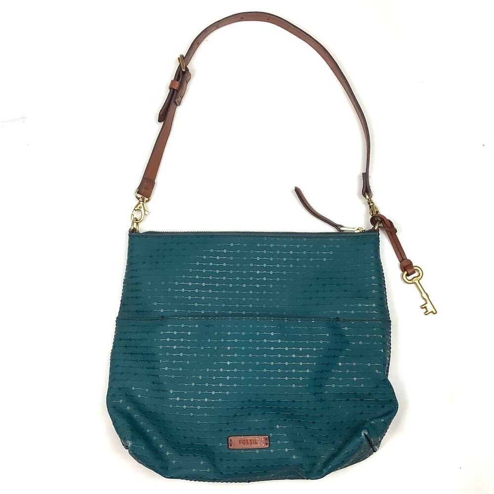 FOSSIL Fiona Crossbody Bag Purse Teal Green Faux Leather Brown Leather Key Charm